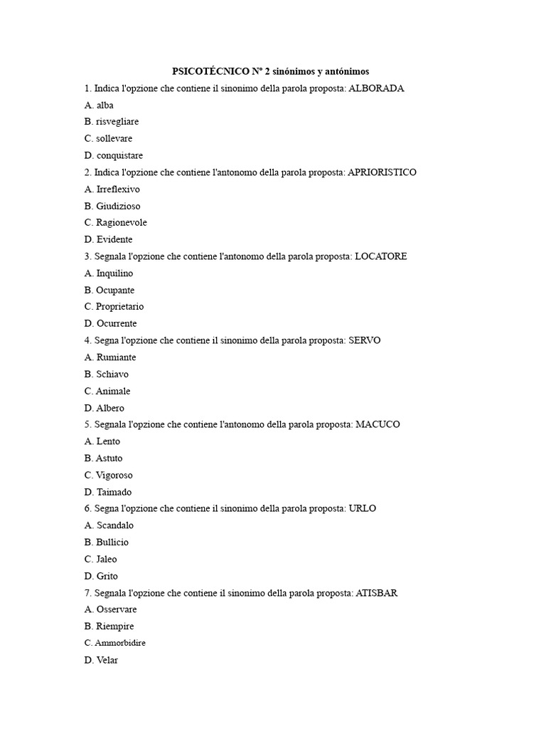Test PSICOTECNICO N. 2 Sinonimi e Antonimi | PDF