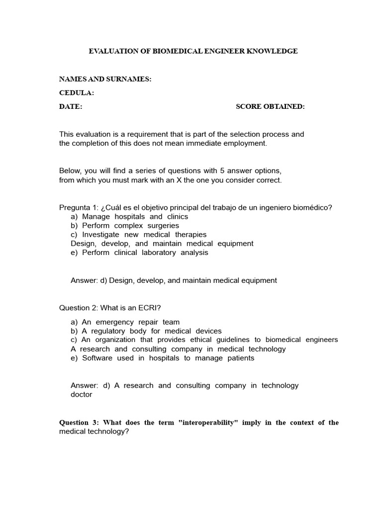 Biomedical Engineer Knowledge Assessment | PDF | Medical Device ...