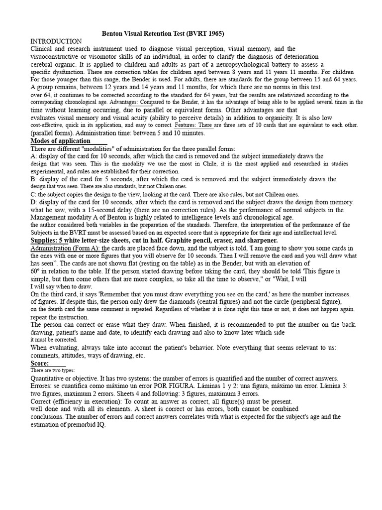Benton Visual Retention Test Overview | PDF | Mental Processes ...