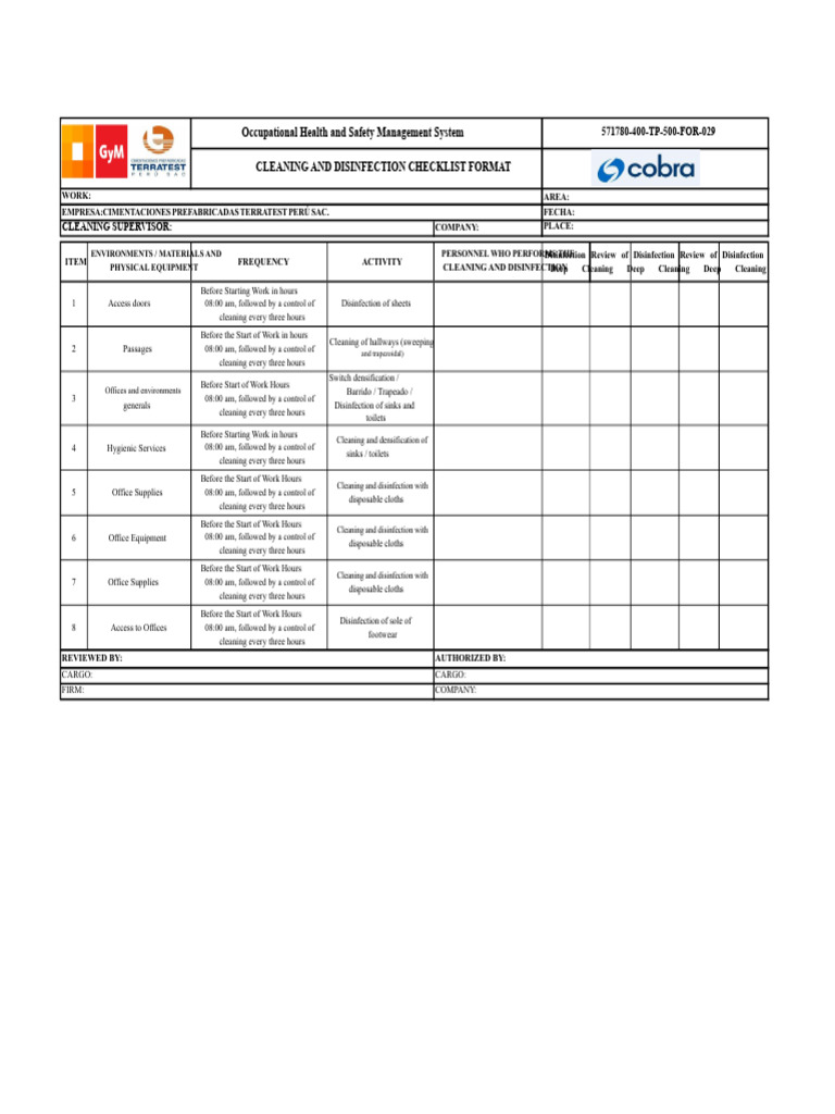 Cleaning and Disinfection Checklist | PDF | Sanitation | Public Health