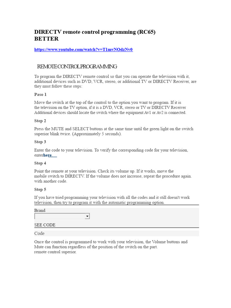 Program DIRECTV RC65 Remote Control | PDF | Remote Control | Switch