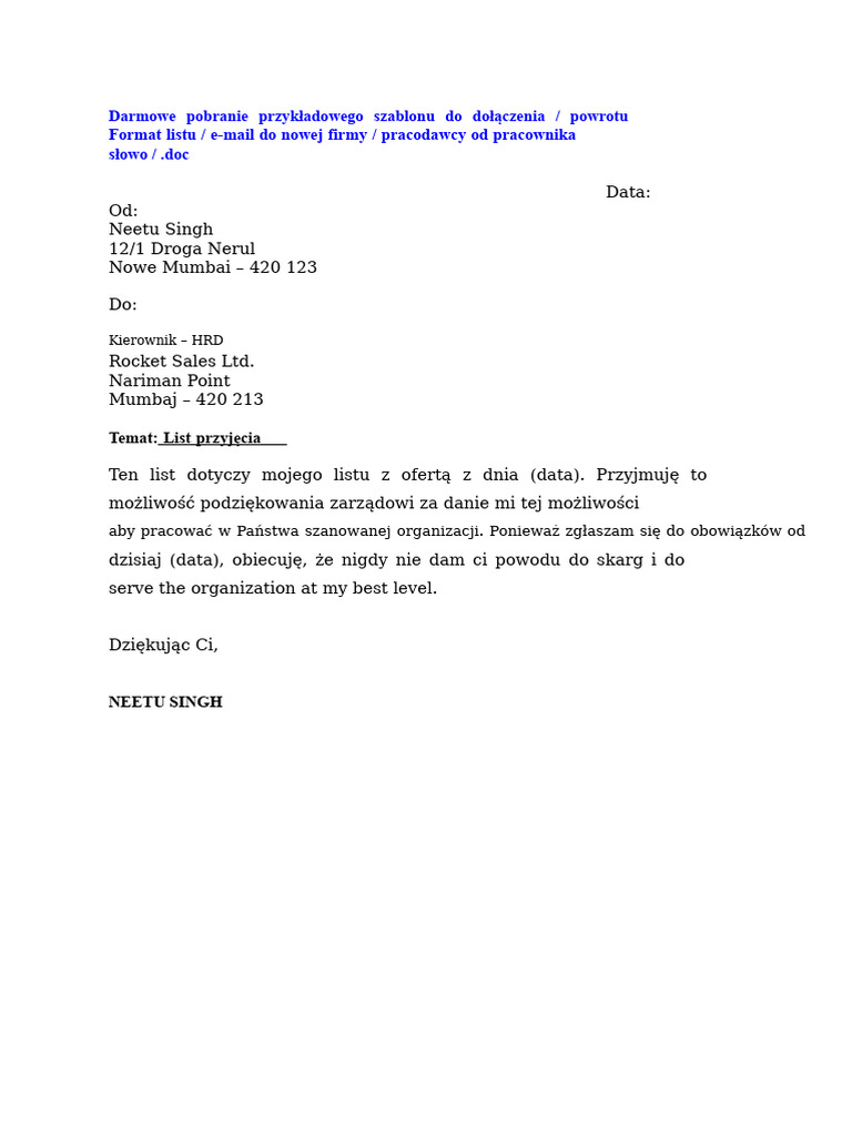 Format Listu Powitalnego W Wordzie | PDF