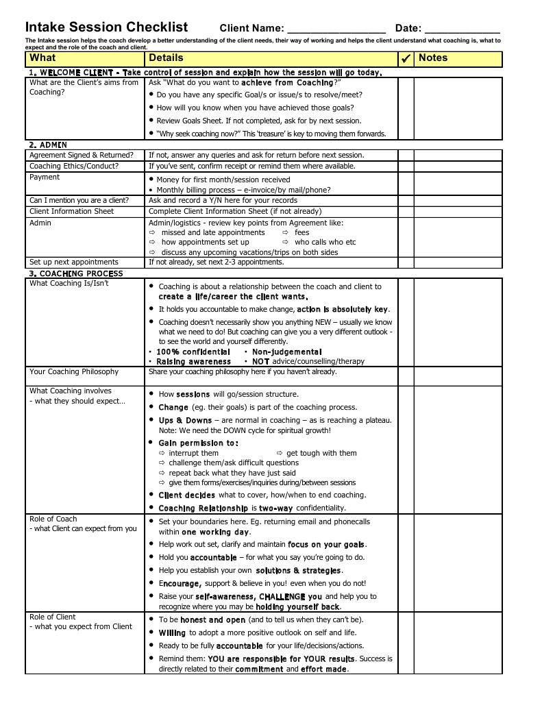 Intake Session Checklist for Coaches | PDF | Psychology | Psychological ...
