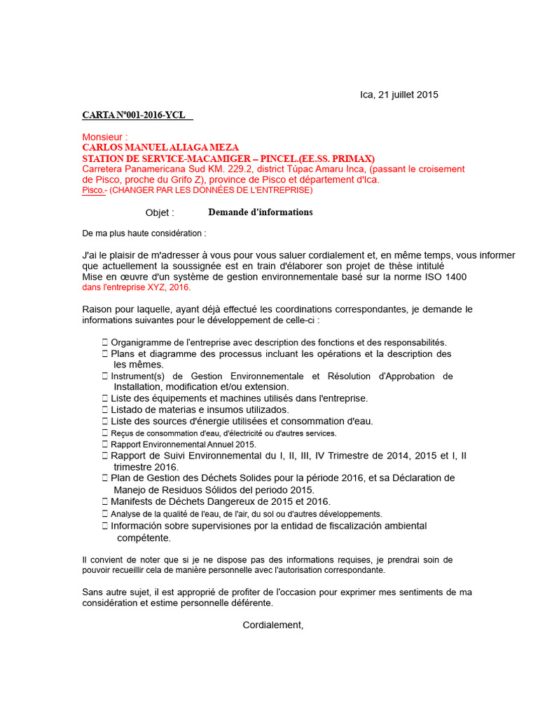 Demande d'informations ISO 14001 2016 | PDF