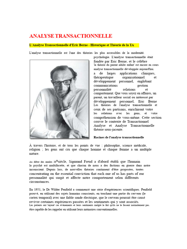 Introduction à l'Analyse Transactionnelle | PDF | Psychologie | Concept ...