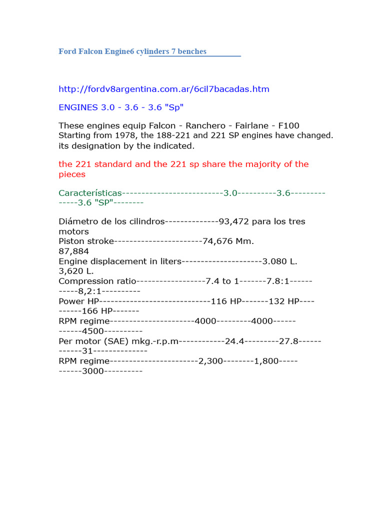 Ford Falcon Engine Specs Overview | PDF | Piston | Horsepower