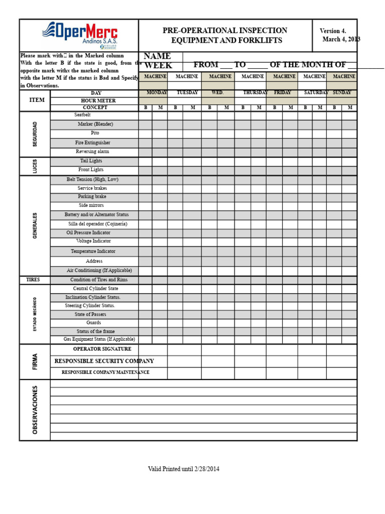 Pre-Operational Forklift Inspection Checklist | PDF
