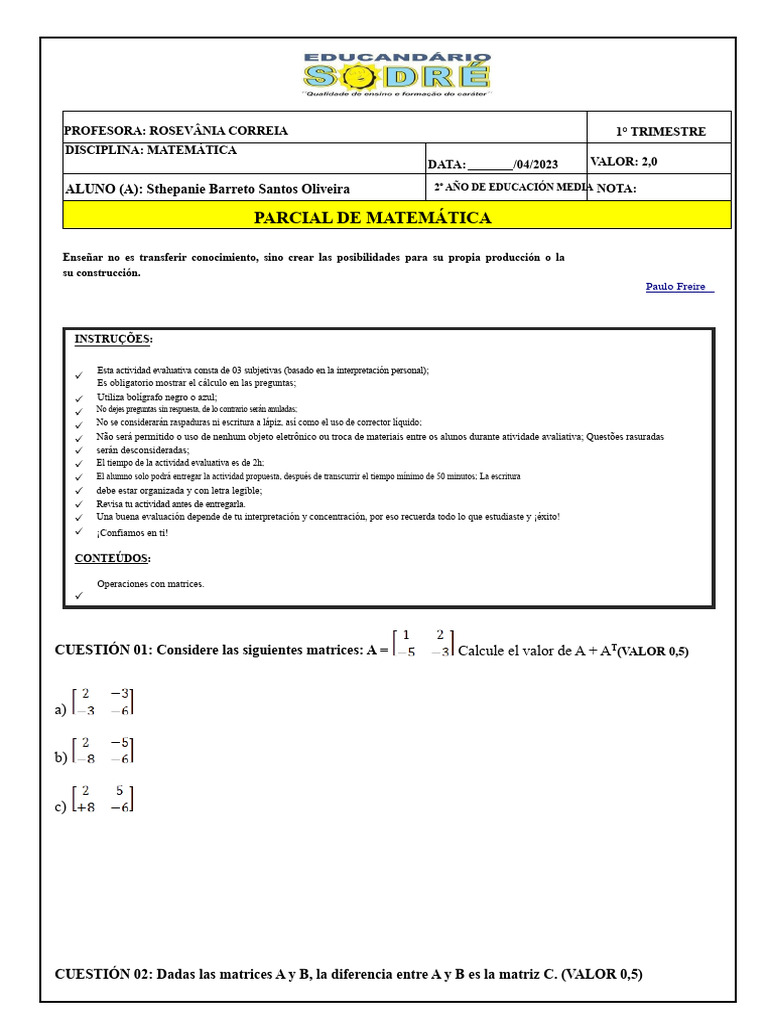 Evaluación de Matemáticas: Operaciones con Matrices | PDF