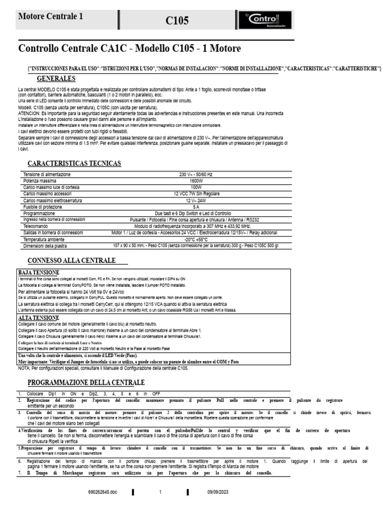 Manuale Centrale c105 Controlla | PDF