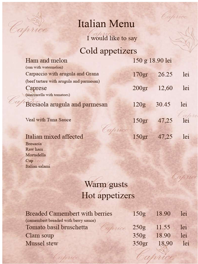 Authentic Italian Menu Offerings | PDF | Salad | Pizza