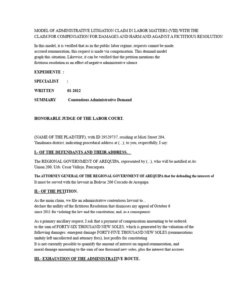 Model of Administrative Contested Demand in Labor Matters | PDF ...