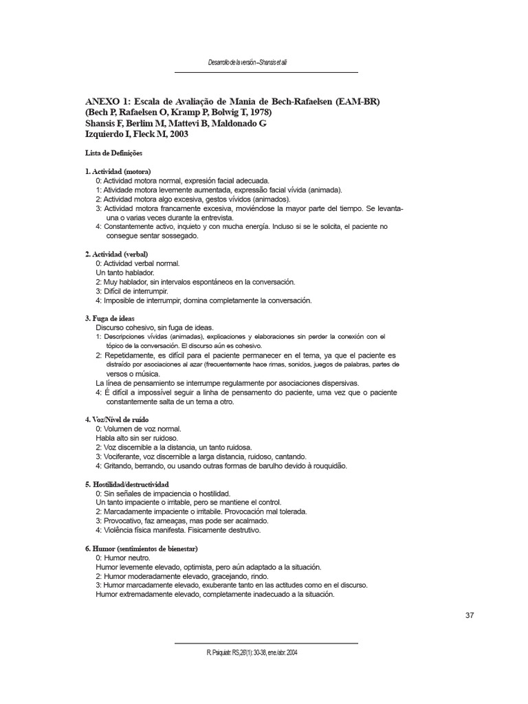 Escala de Evaluación de Mania de Bech-Rafaelsen (EAM-BR) | PDF | Manía ...