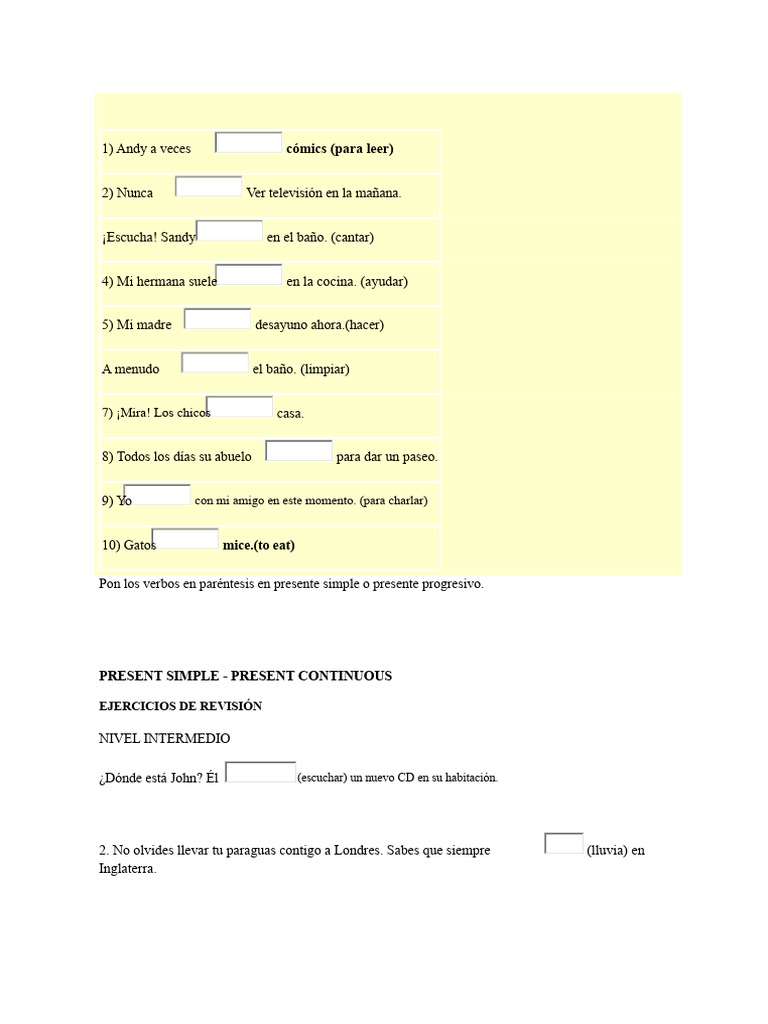 Ejercicios de Presente Simple y Progresivo | PDF