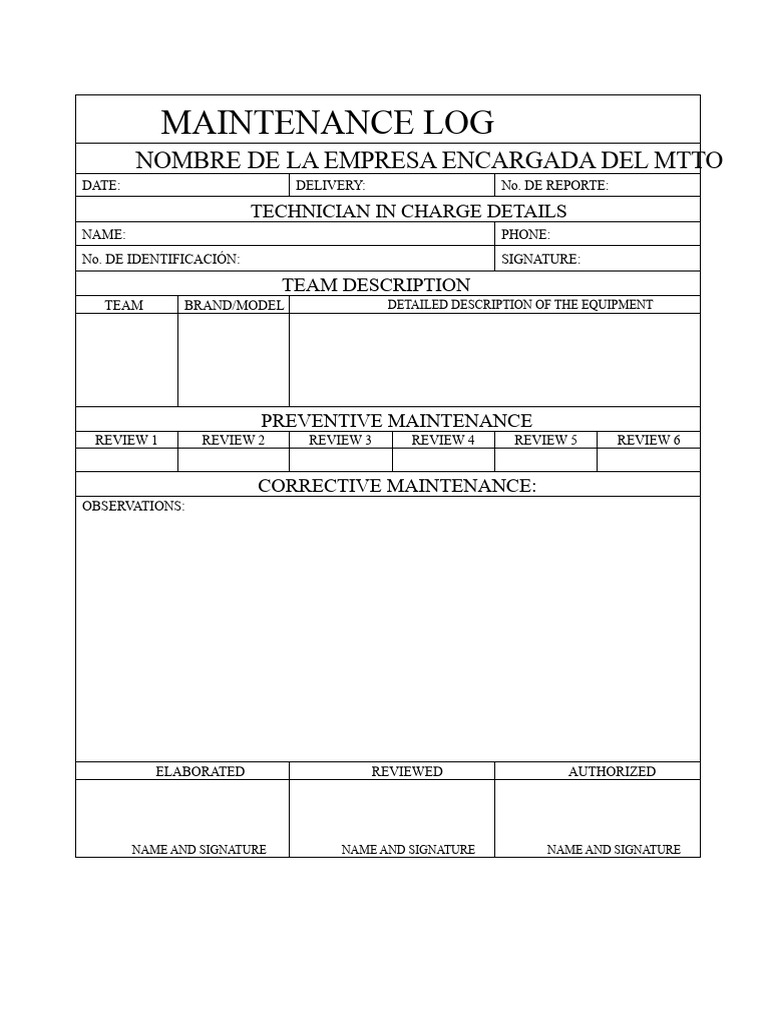 Equipment Maintenance Log Template | PDF