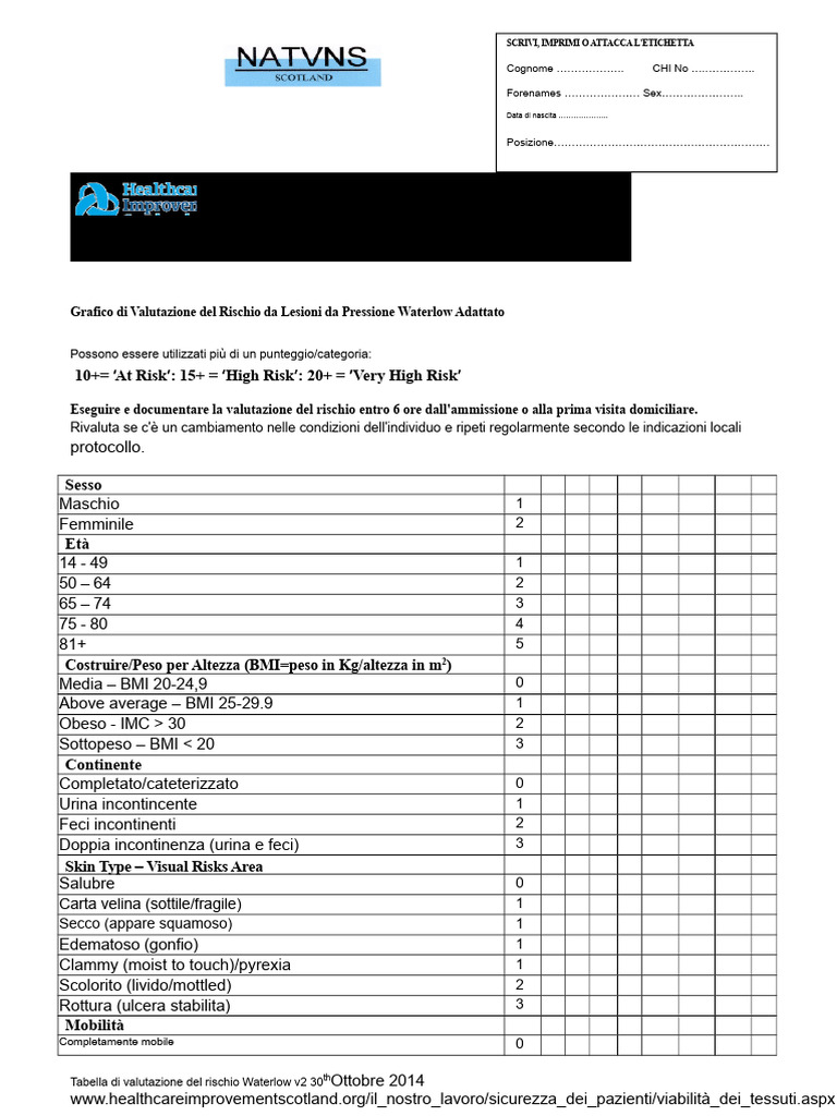 Grafico Di Valutazione Del Rischio - Waterlow | PDF