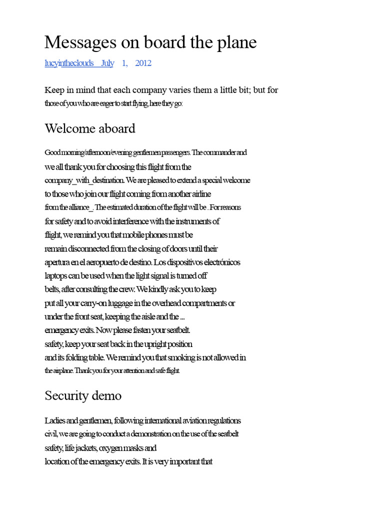 In-Flight Safety Announcement Guide | PDF | Seat Belt | Aviation ...