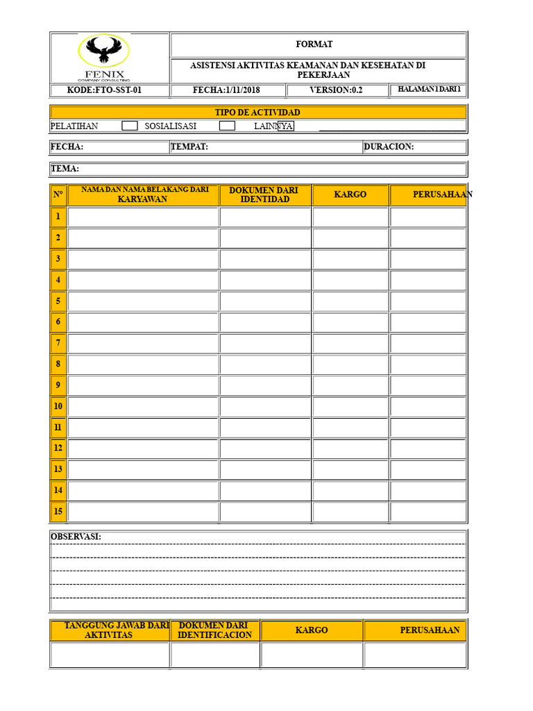 FTO-SST-01 Format kehadiran.xlsx | PDF