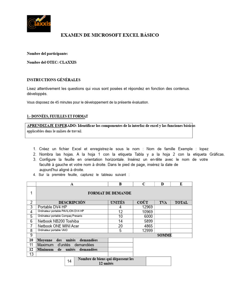 Examen de compétences Excel basique | PDF | Microsoft Excel | Informatique