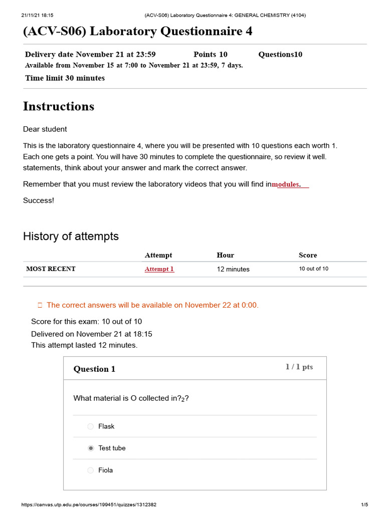 (ACV-S06) Laboratory Questionnaire 4 - GENERAL CHEMISTRY (4104) | PDF ...
