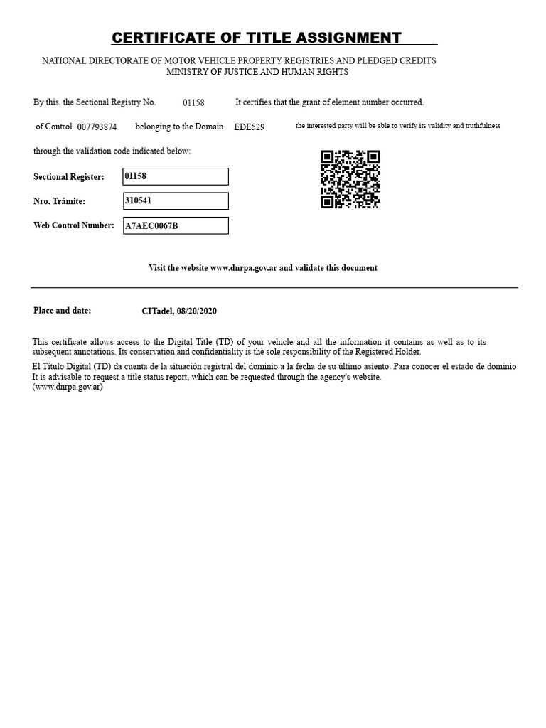 Certificate of Title Assignment: 01158 310541 A7AEC0067B | PDF