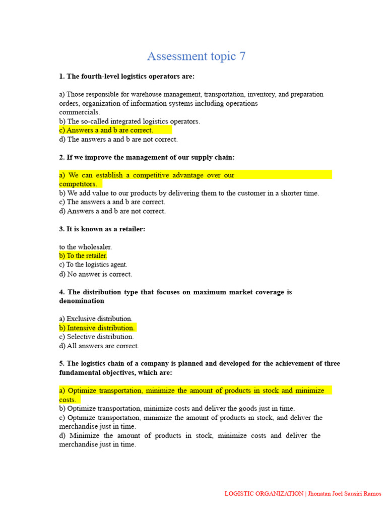 Logistics Management Assessment Quiz | PDF | Logistics | Supply Chain
