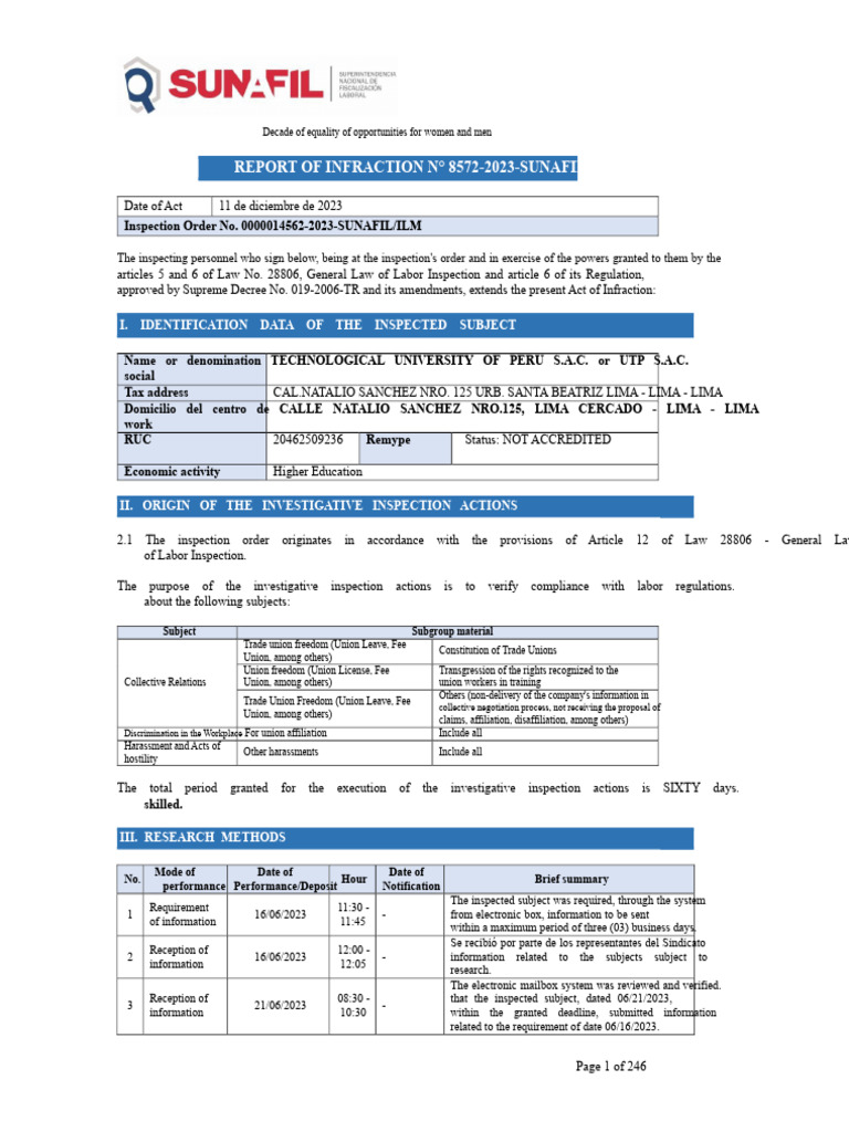 Fine From Sunafil Against UTP (Intercorp) For Undermining Union Freedom ...