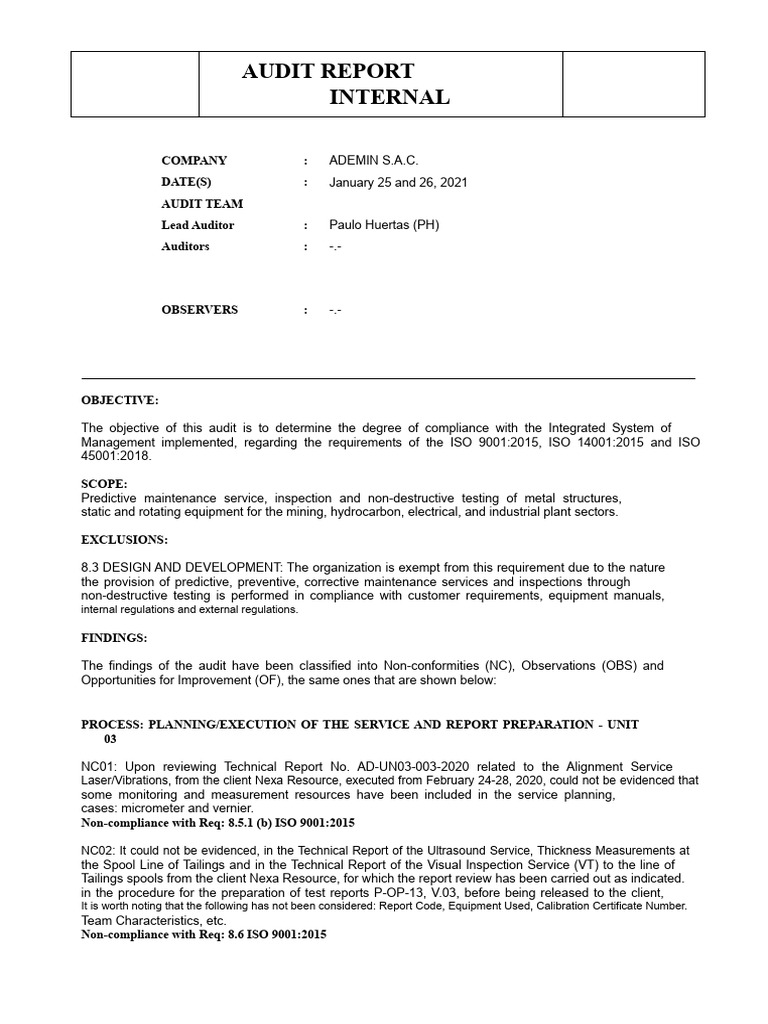Internal Audit Report for ADEMINSAC | PDF | Audit | Regulatory Compliance