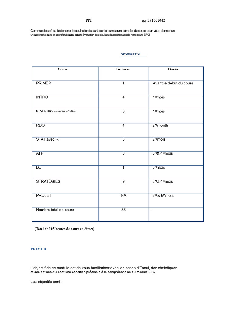 Curriculum du cours EPAT détaillé | PDF | Option (Finance ...