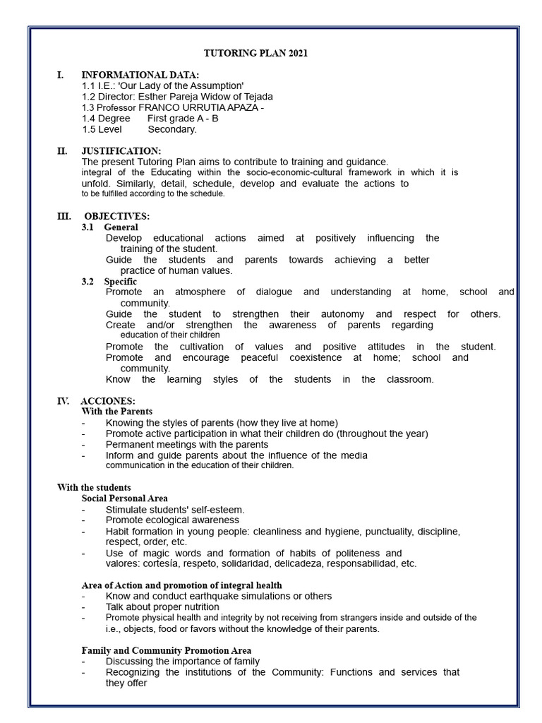 ANNUAL PLAN - TUTORING - 1st Year of Secondary School | PDF | Social ...