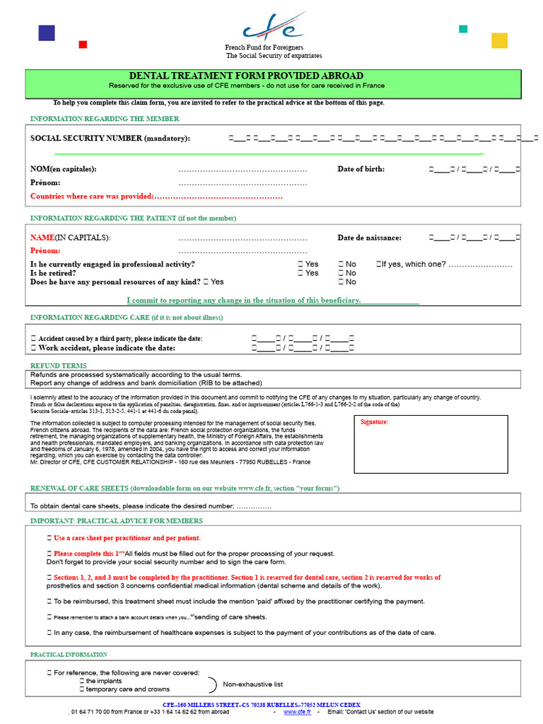 CFE Dental Treatment Claim Form | PDF | Dentistry Branches | Dentistry