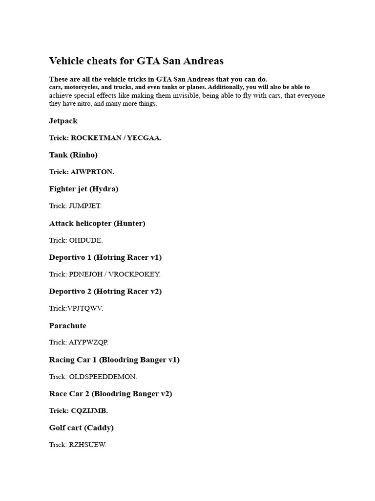 GTA San Andreas Vehicle Cheats Guide | PDF