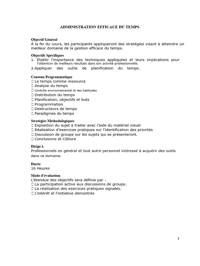 Gestion Efficace du Temps au Travail | PDF | Planification ...