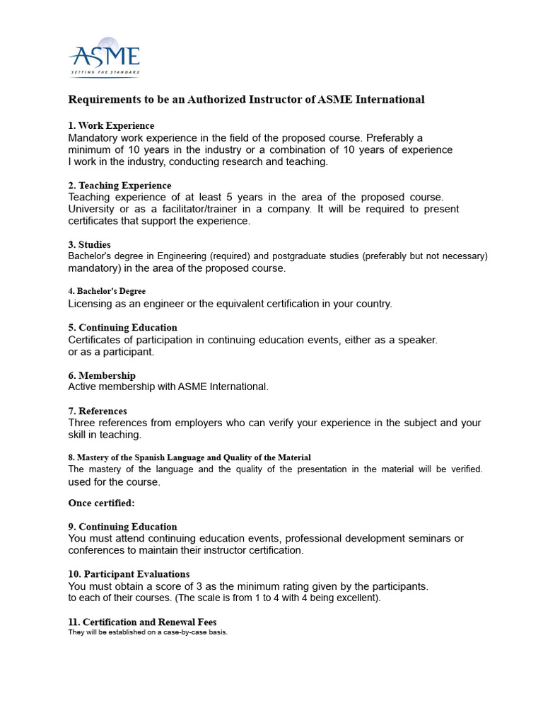ASME Authorized Instructor Requirements | PDF | Academic Degree ...