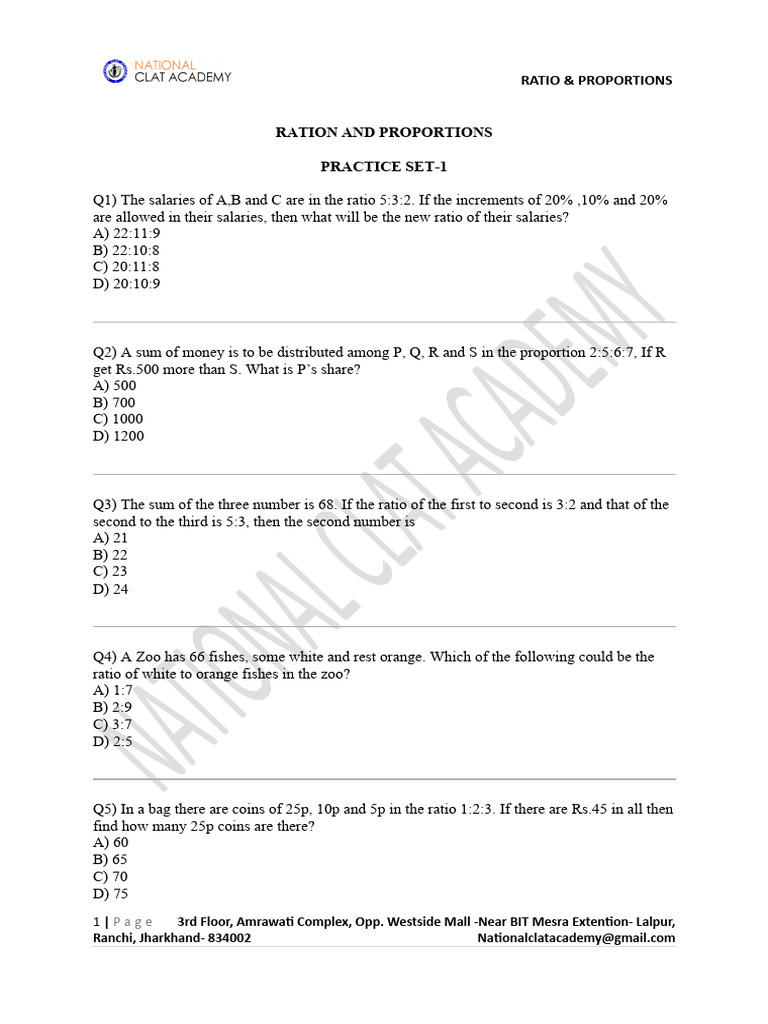 Ratio and Proportions Practice Questions | PDF | Ratio | Mathematics