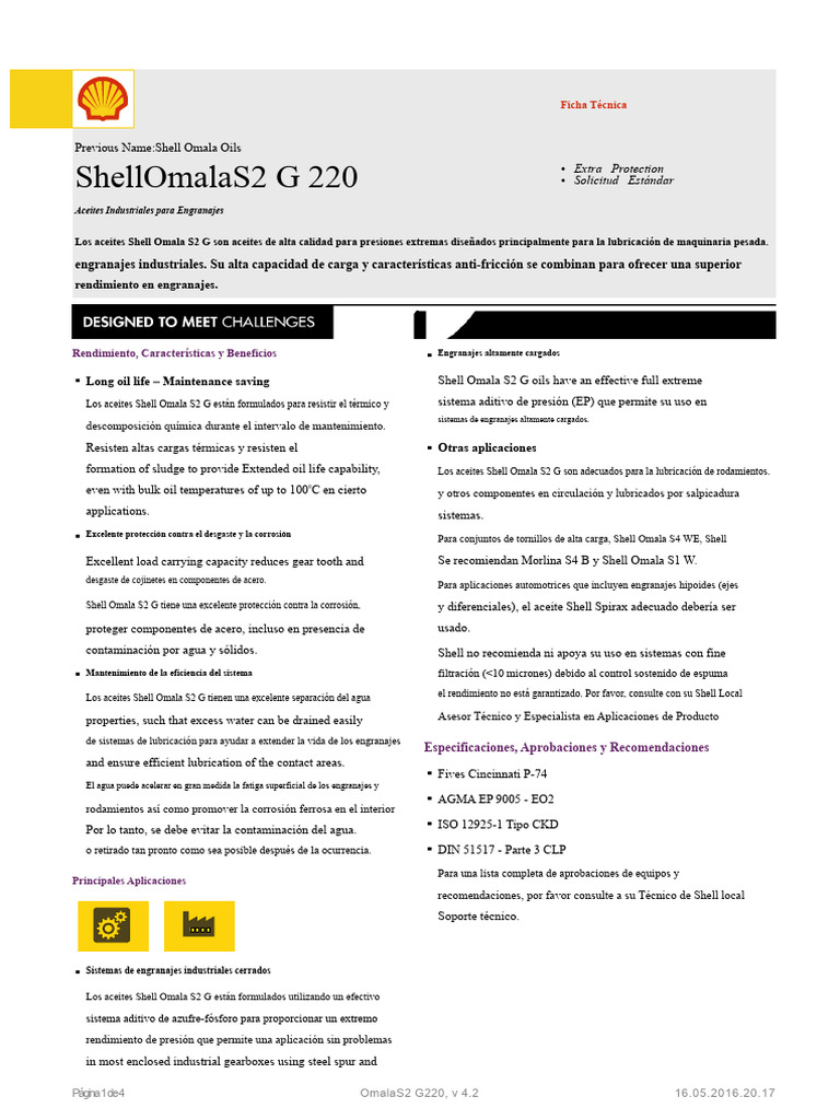 Aceite Shell Omala S2 G 220 para Engranajes | PDF | Rodamiento ...