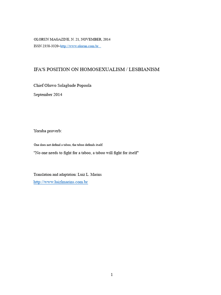 The Position of Ifa On Homosexualism and Lesbianism | PDF | Bisexuality ...