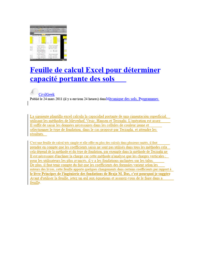 Feuille de Calcul Excel Pour Déterminer La Capacité Portante Des Sols | PDF
