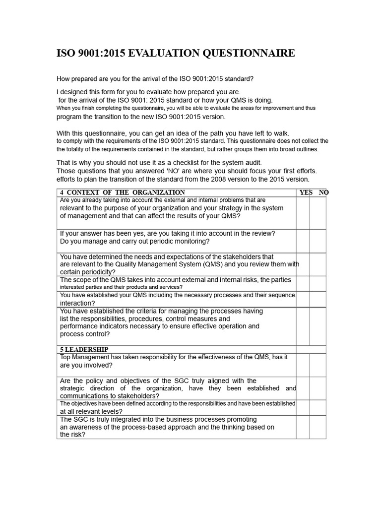 ISO 9001:2015 Readiness Assessment Tool | PDF | Quality Management ...