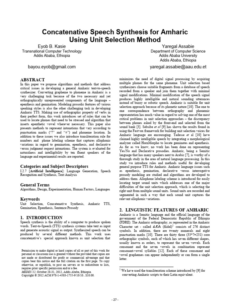 Amharic Text-to-Speech Synthesis Methods | PDF | Speech Synthesis | Phoneme