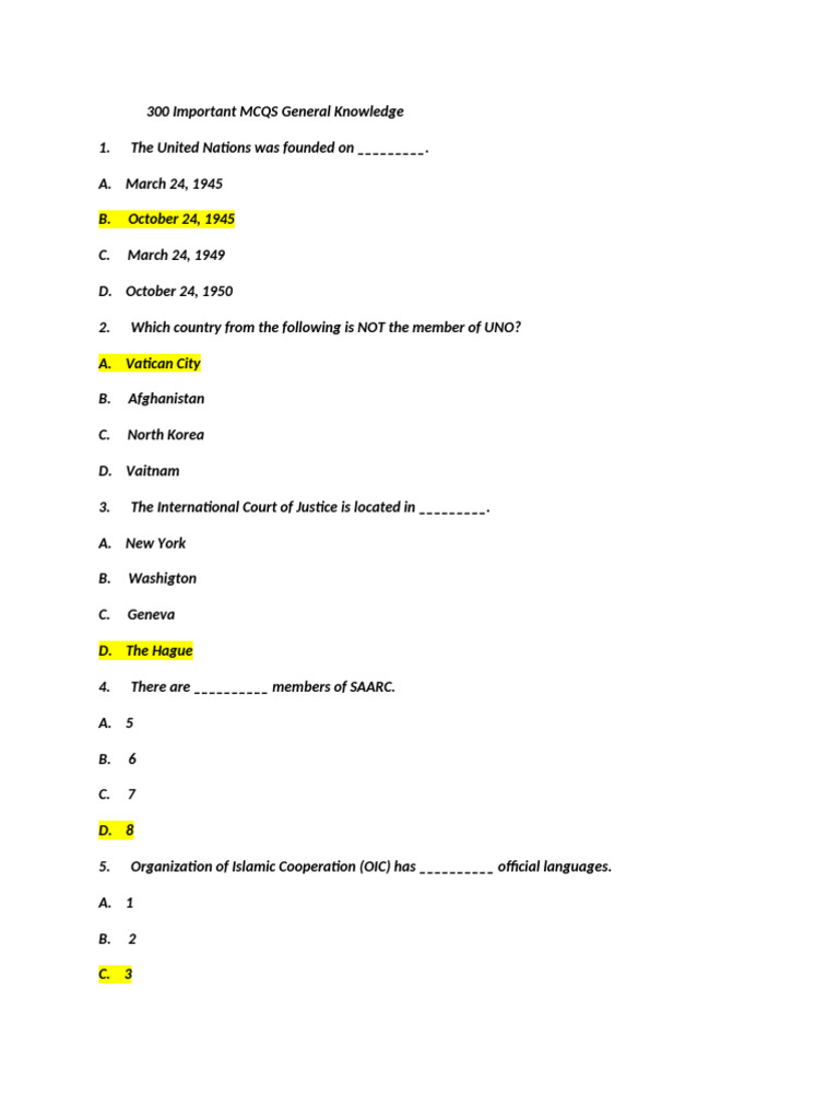 300 General Knowledge MCQs for All | PDF | Organisation Of Islamic ...