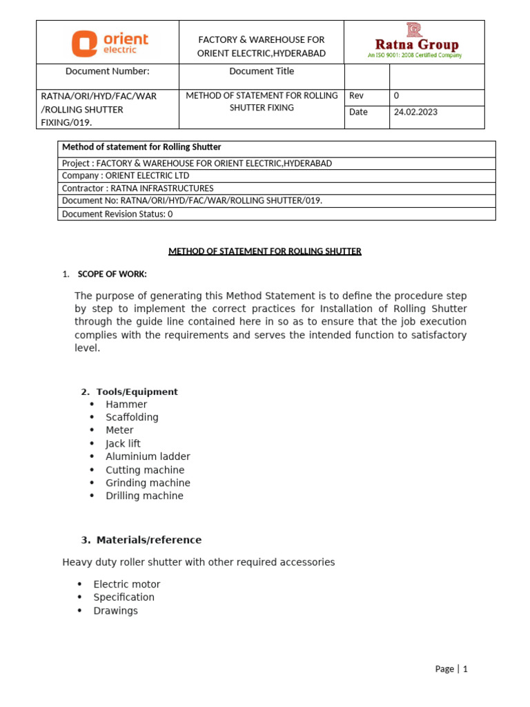 Rolling Shutter Installation Method Statement | PDF | Personal ...