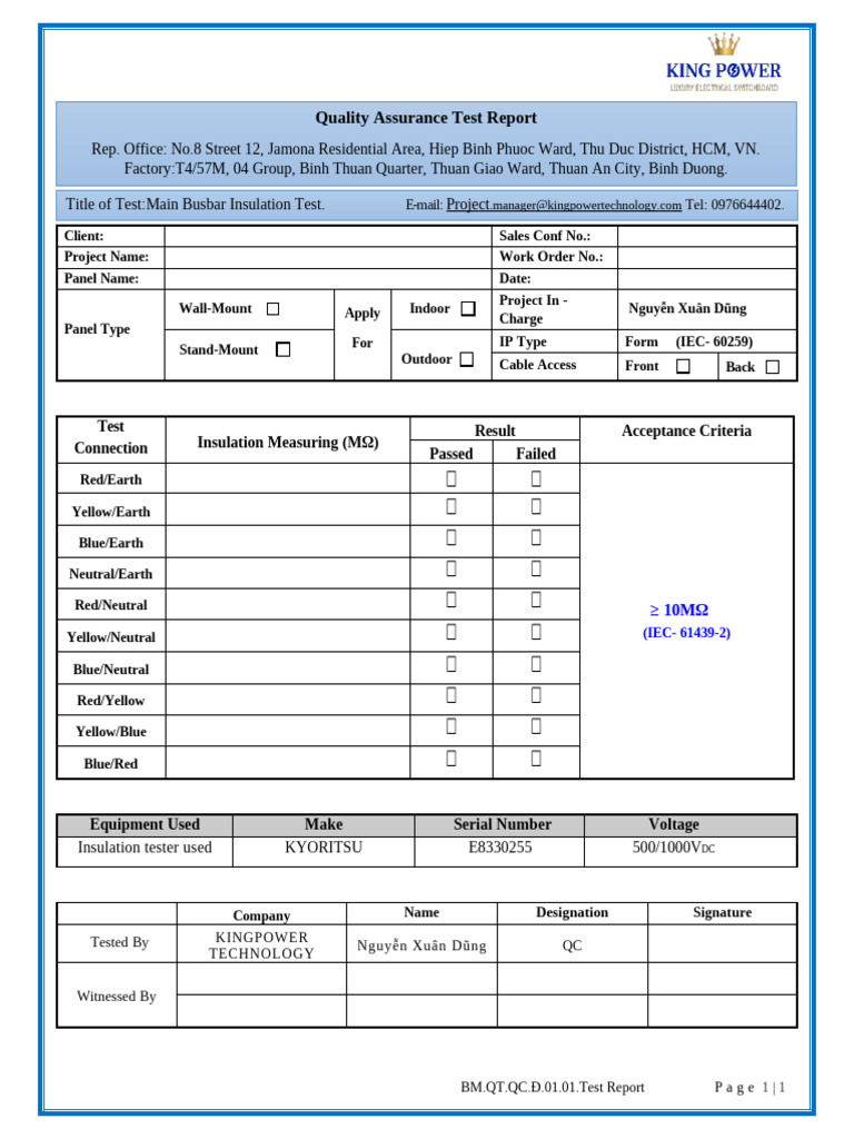 Main Busbar Insulation Test Report | PDF | Manufactured Goods | Electricity