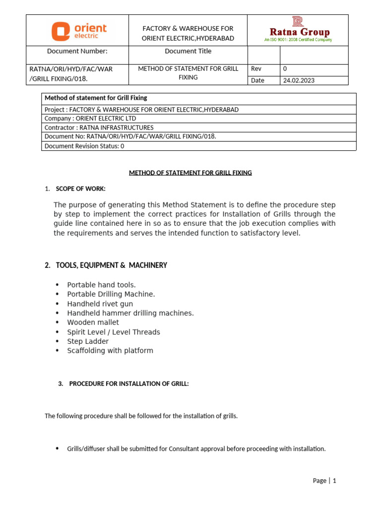 Grill Installation Method Statement | PDF | Personal Protective Equipment