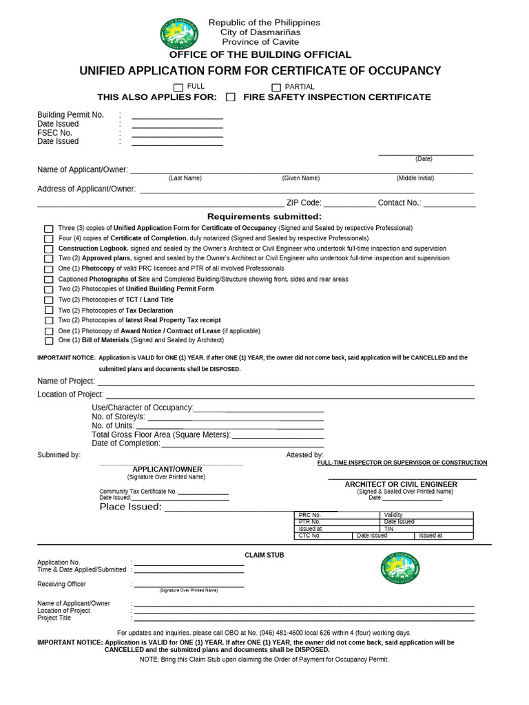 Certificate of Occupancy Application Form | PDF