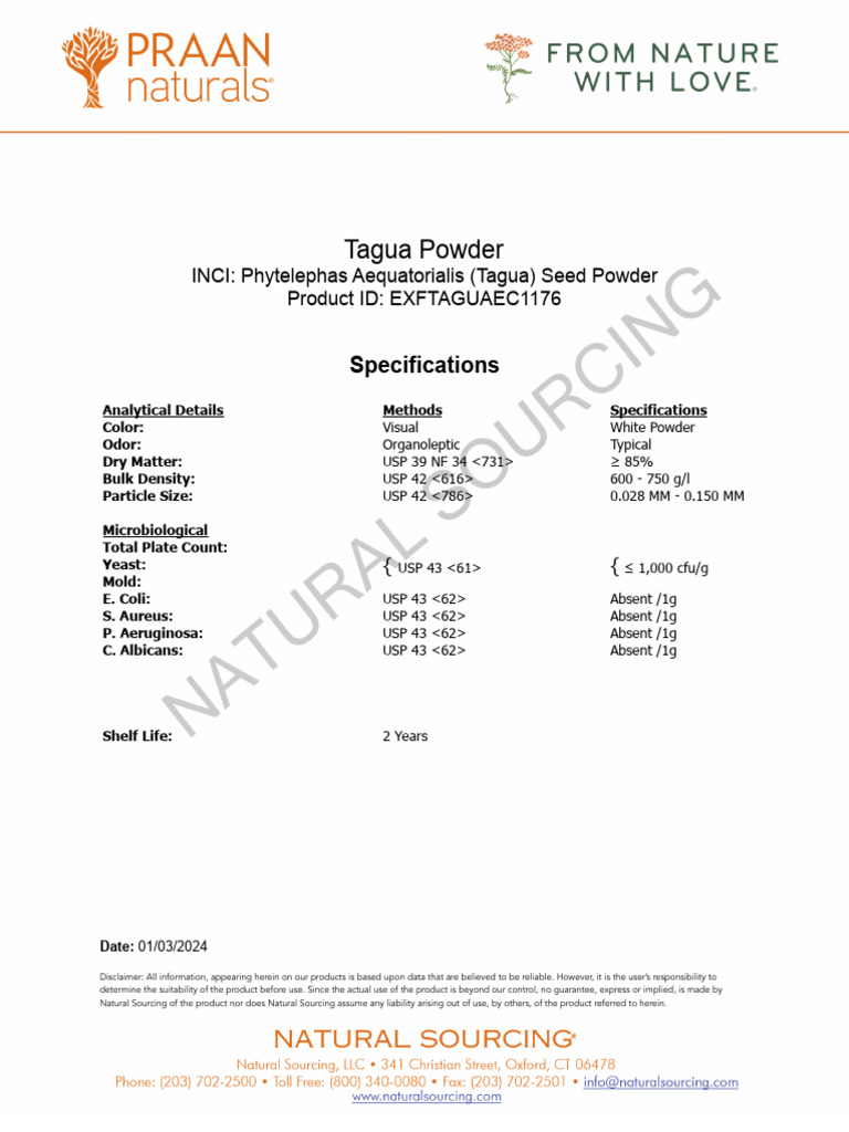 Tagua Seed Powder Specifications Guide | PDF