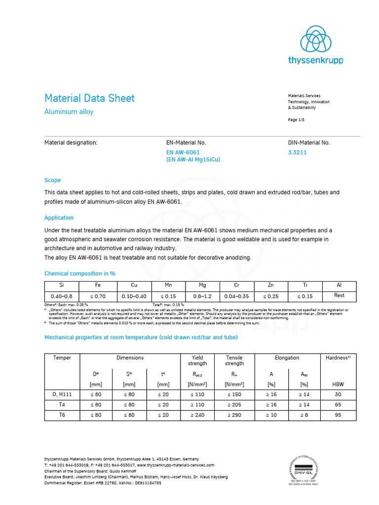 EN AW-6061 Aluminium Alloy Data Sheet | PDF | Aluminium | Heat Treating