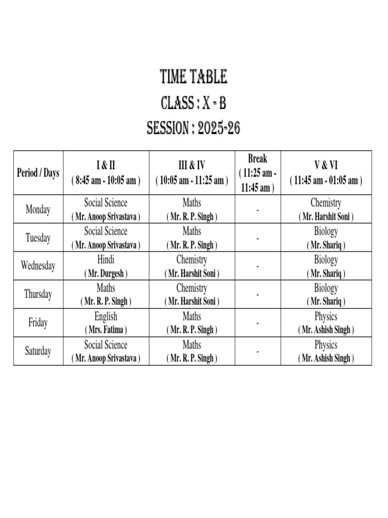 Class X-B Timetable 2025-26 | PDF