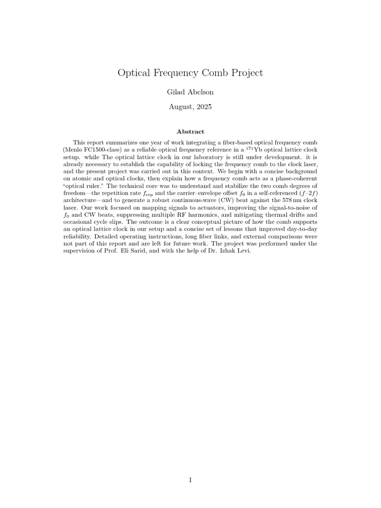 Optical Frequency Comb Project Finel | PDF | Laser | Interferometry