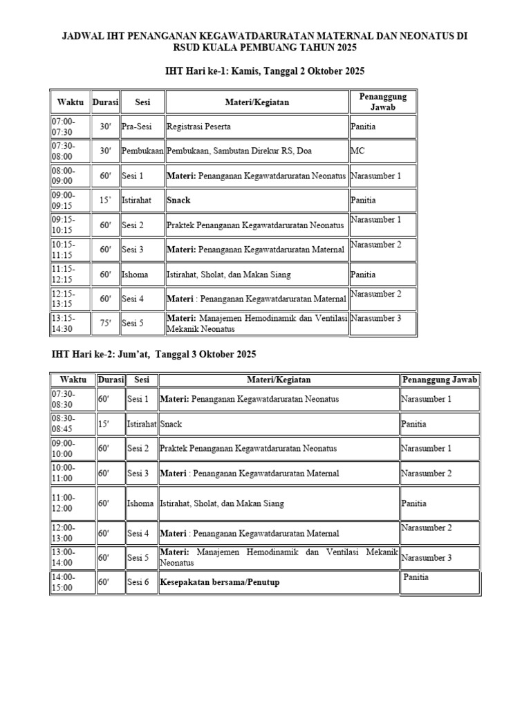 Jadwal Kegiatan IHT PONEK | PDF
