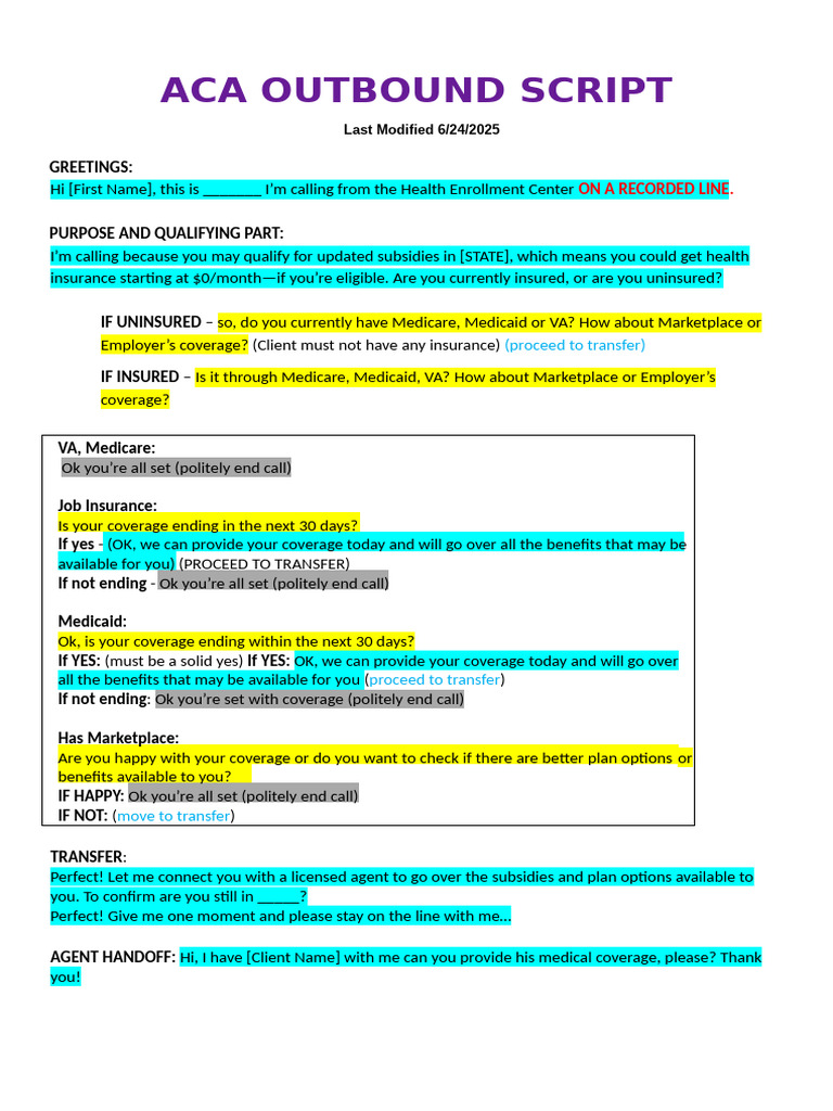 ACA Health Insurance Outbound Script | PDF | Medicaid | Medicare ...